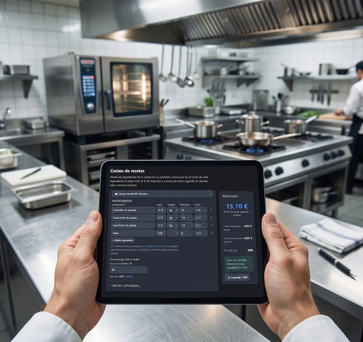 Calculadora de food cost abierta en una tablet dentro de una cocina profesional