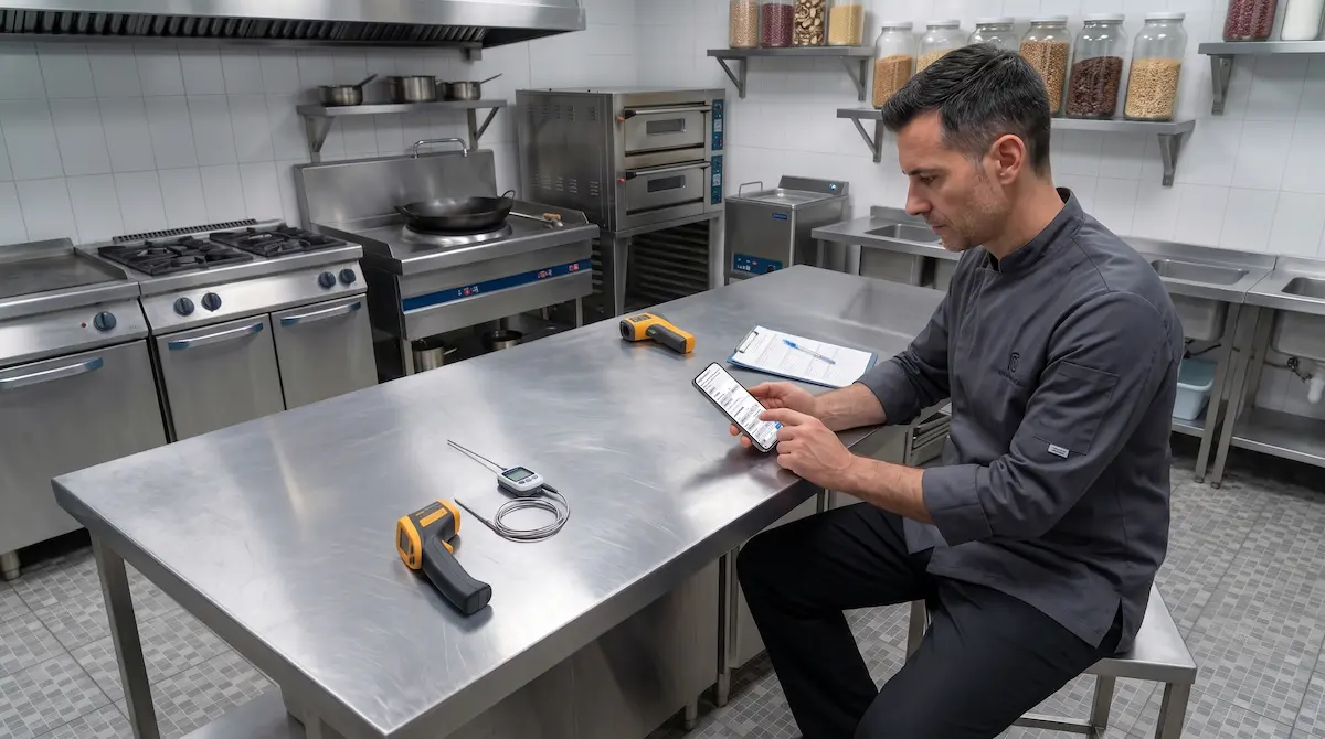 Chef utilizando una app HACCP junto a termómetros en una cocina profesional
